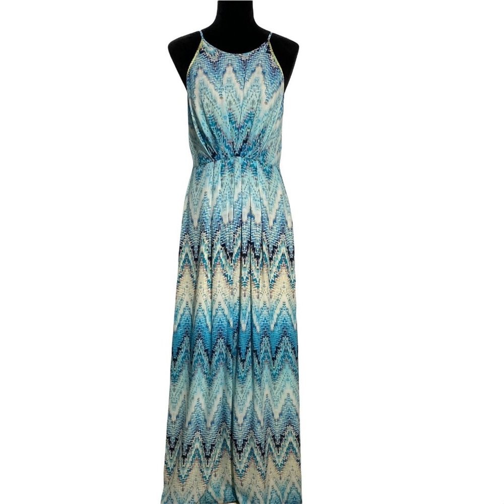 Kenji 6 Maxi Dress Watercolor Chevron Blue Ivory Multicolor Embrioider Trim Cute